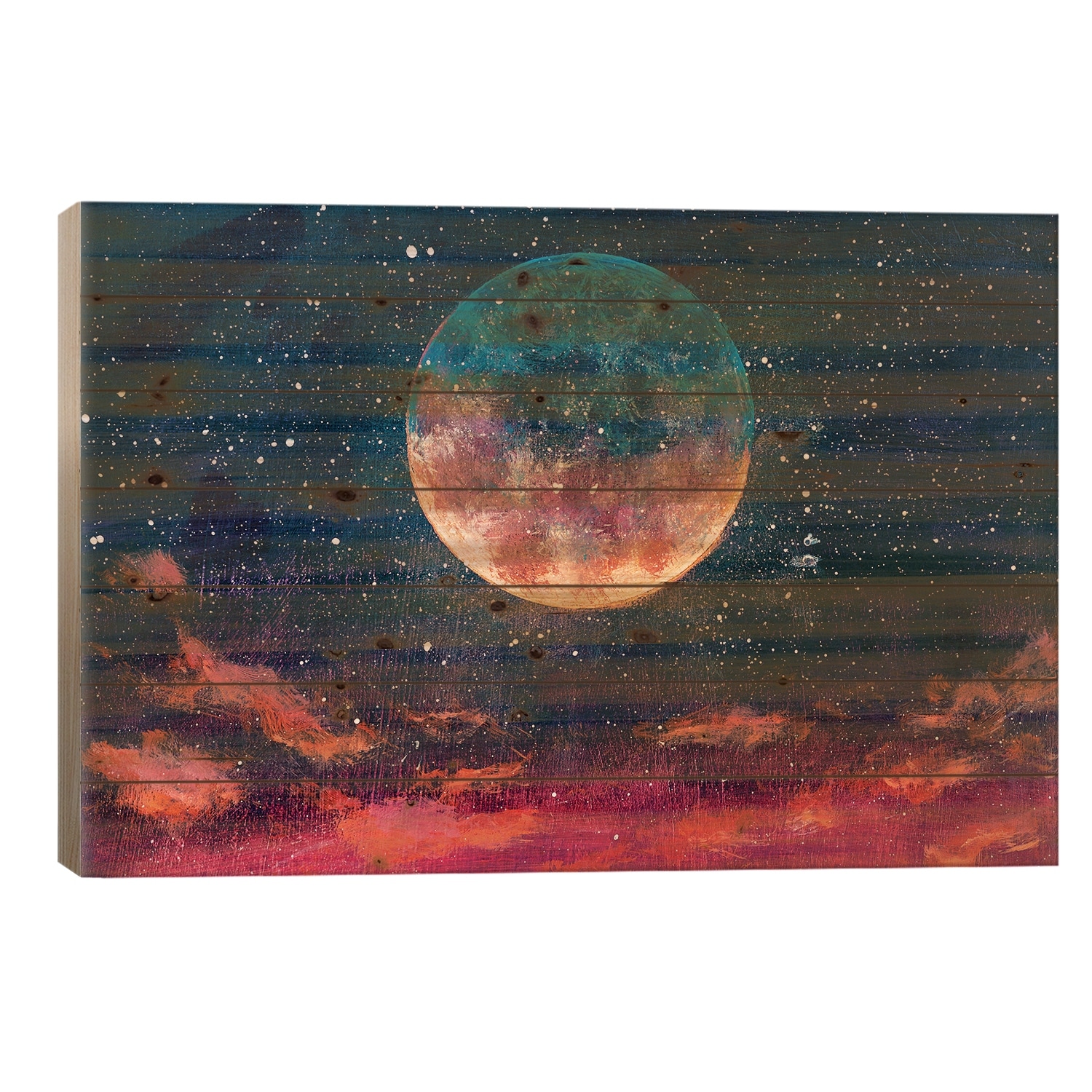 Moon Among Stars In Universe Print On Wood by Valery Rybakow - Multi-Color