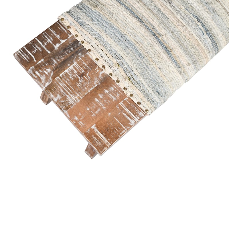 HomeRoots 50" White and Brown Cotton Upholstered Striped Bench - 50' X '18' X '16.5