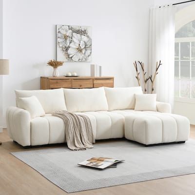 110" Modular L-Sectional - Boucle Fabric, Pull-Line Design, Movable Ottoman, 3 Color Options