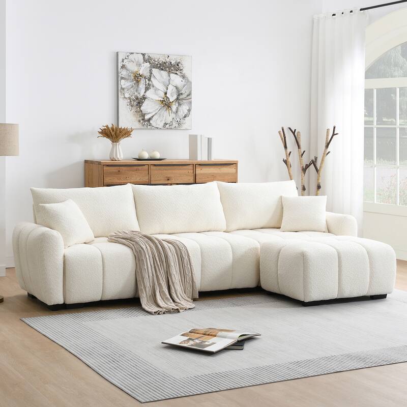 Modular Sectional Sofa Boucle Fabric Pull-line Design L-Shape Sofa Set with Movable Ottoman for Living Room 3-Seater Couch