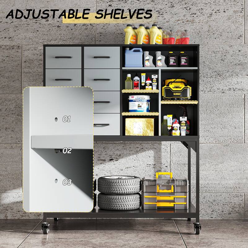Industrial Metal Storage Cabinet with Pegboard, Adjustable Shelves and Wheels, Garage Tool Organizer with Soft-Close Doors
