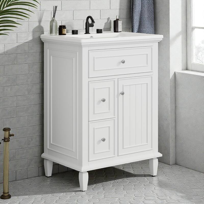 24" Bathroom Vanity with Sink, Flip Drawer & 2 Drawers, Solid Wood Frame, Adjustable Shelf, Ceramic Top