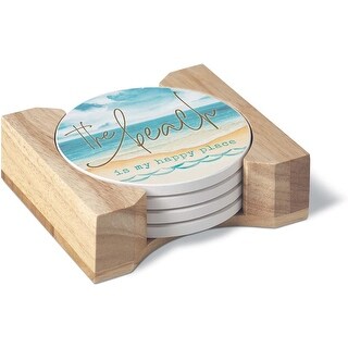 CounterArt Beach Happy 4 Pack Round Absorbent Stone Coasters with ...
