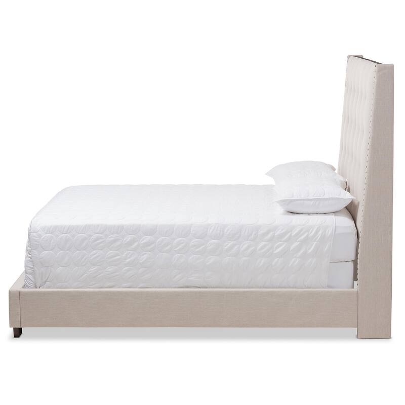 Light Beige Upholstered Bed - Tall Button-Tufted Headboard - Fabric Bed Frame - 63"W x 78"W