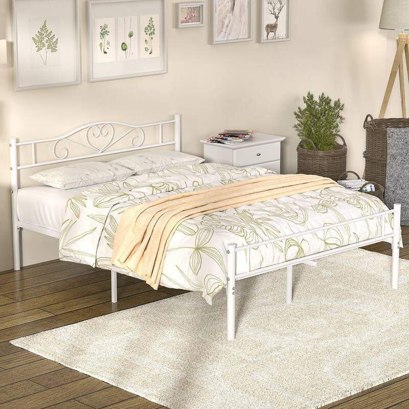 Javlergo Queen Size Metal Platform Bed Frame with Headboard and Footboard, White