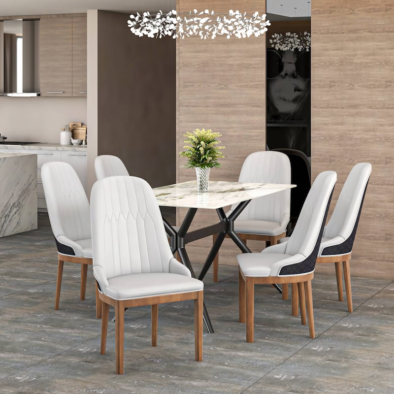 Leather Dining Chair with Rubberwood Legs Set of 4 Side Charis Sleek Diamond Stitching Back