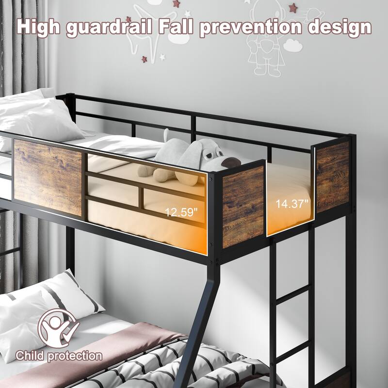 Twin over Full Metal Bunk Beds with Safety Guardrail and 2 Ladders