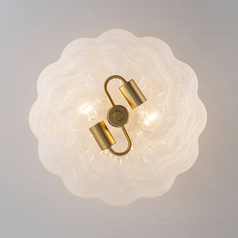 Modern 2-Light Cloud Glass Dome Semi Flush Mount Ceiling Light - Brass - 16" W × 9.5" H