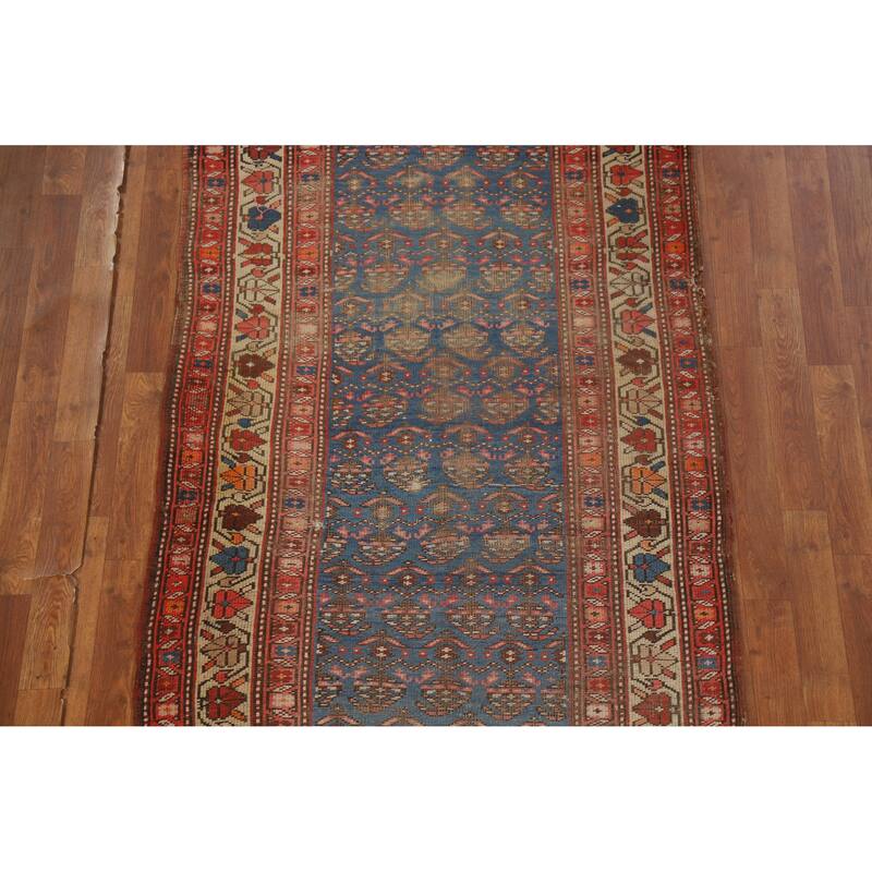 Hand Knotted Oriental 100% Wool Carpet Traditional Geometric Navy Blue & Blues Heriz Runner Rug - 15' 0'' X 3' 6''