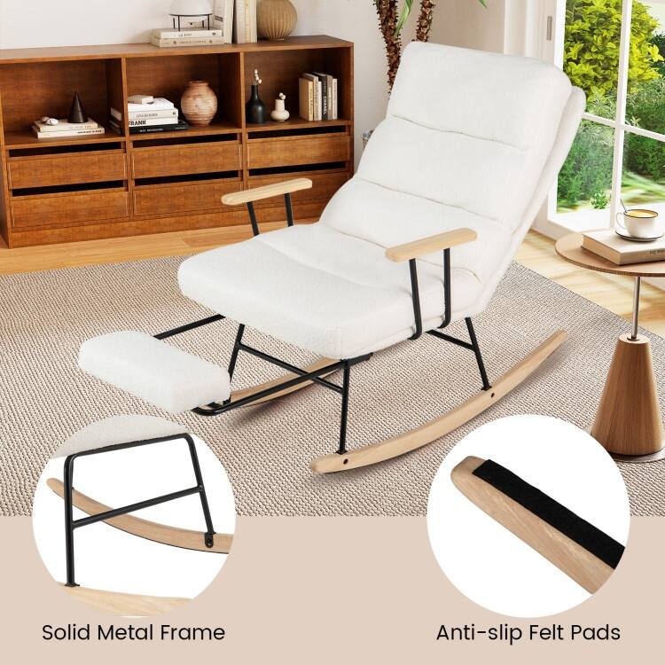 White Teddy Velvet Rubber Wood Rocking Chair with Adjustable Backrest and Footrest - 38" x 25.5" x 38"