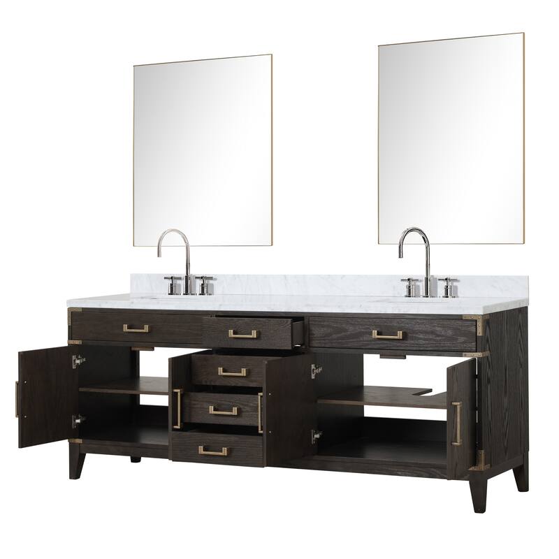 Lexora Laurel Bath Vanity, Carrara Marble Top, Faucet Set, and Mirror