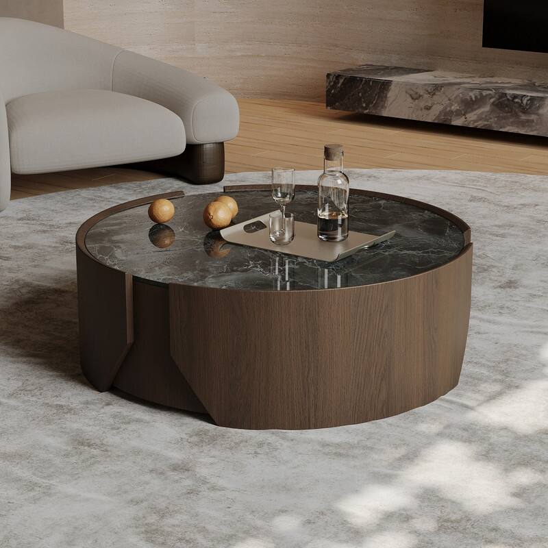 35.43" Modern Round Coffee Table, Dark Brown Solid wood, Glossy Faux Marble Table top, for Living Room