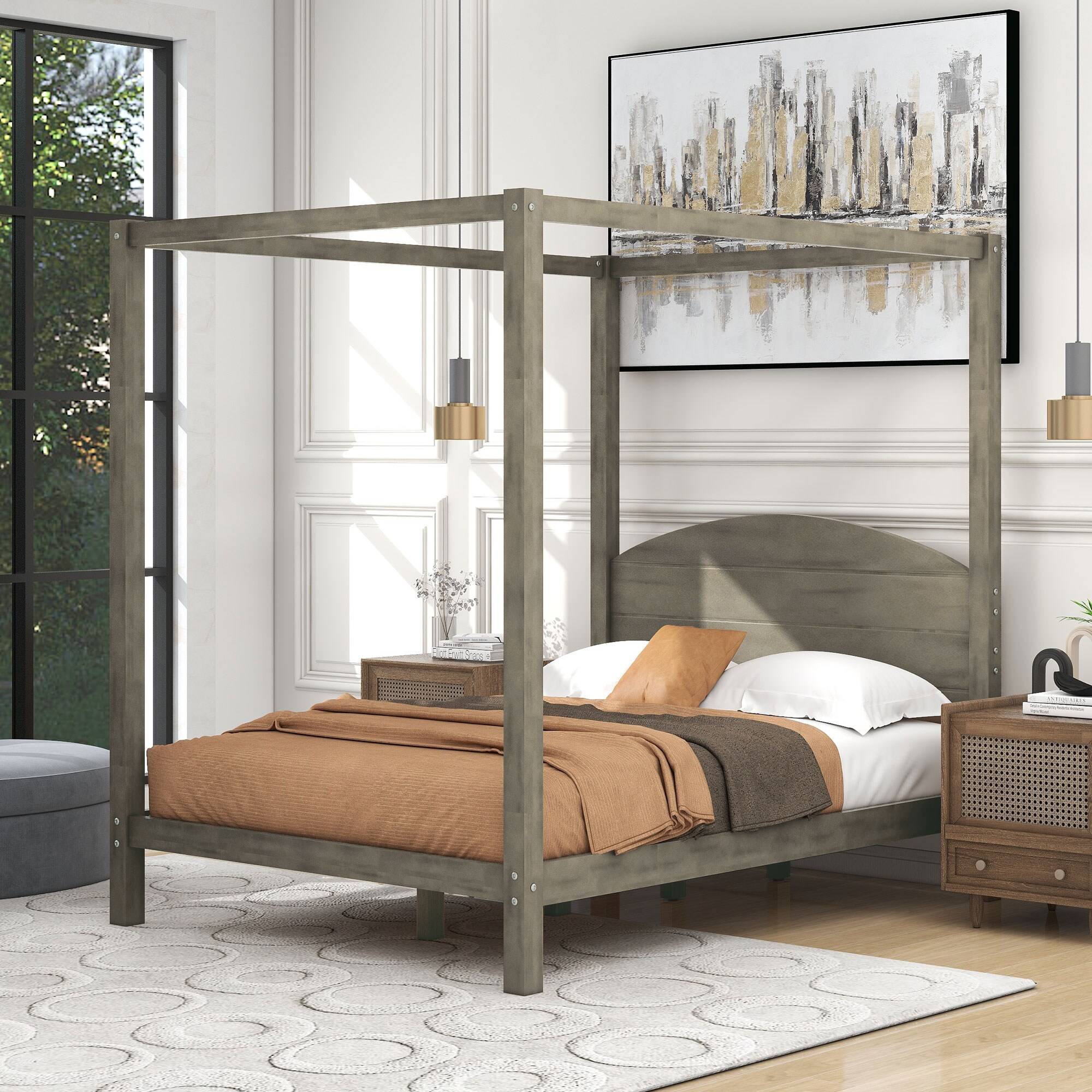Modern Platform Bed with Headboard Wood 4 Post Canopy Bed Frame with Support Legs Poster Panel Bed for Kids Teens