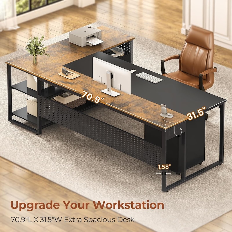 Executive Desk L Shaped Desk File Drawers Power Outlets Computer Desk