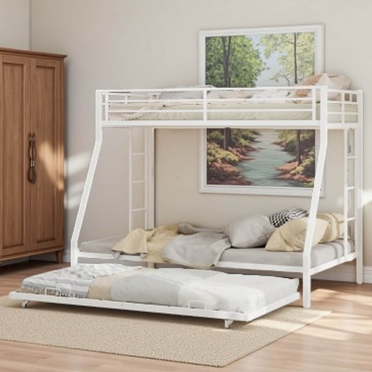 Queen Size Square Tube Metal Bunk Bed with Ladder and Rolling Trundle, Sturdy Load-Bearing Frame