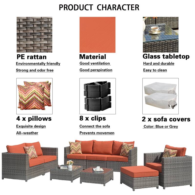OVIOS Patio Furniture Deep Seat Wicker 9-piece Set