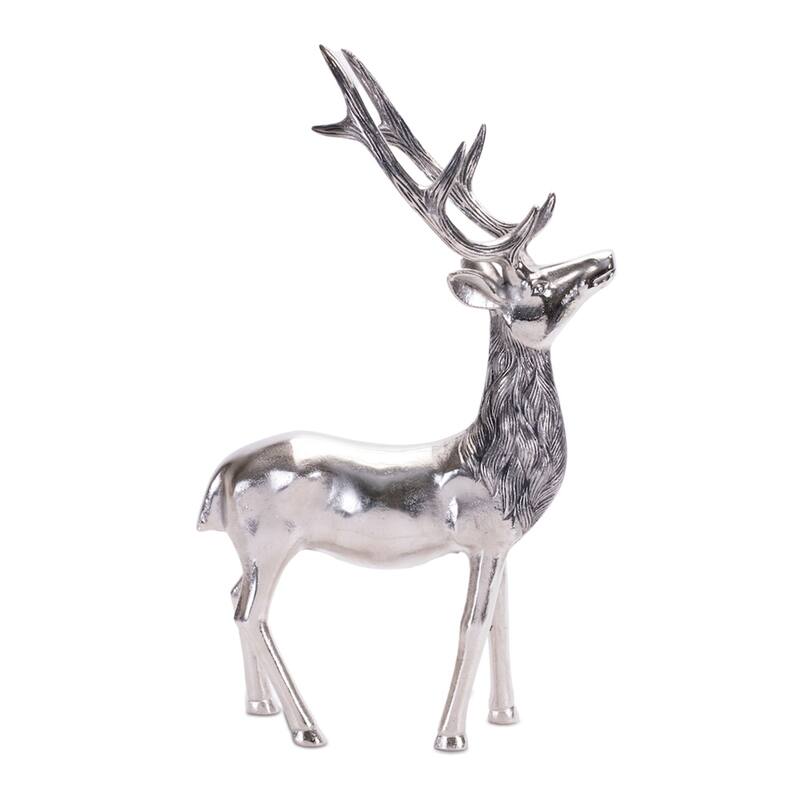 Rustic Grey Reindeer Statue 17.5 Inch Aluminum Holiday Decor for Mantle and Tabletop Display - 10.5”L x 4.5”W x 17.5”H