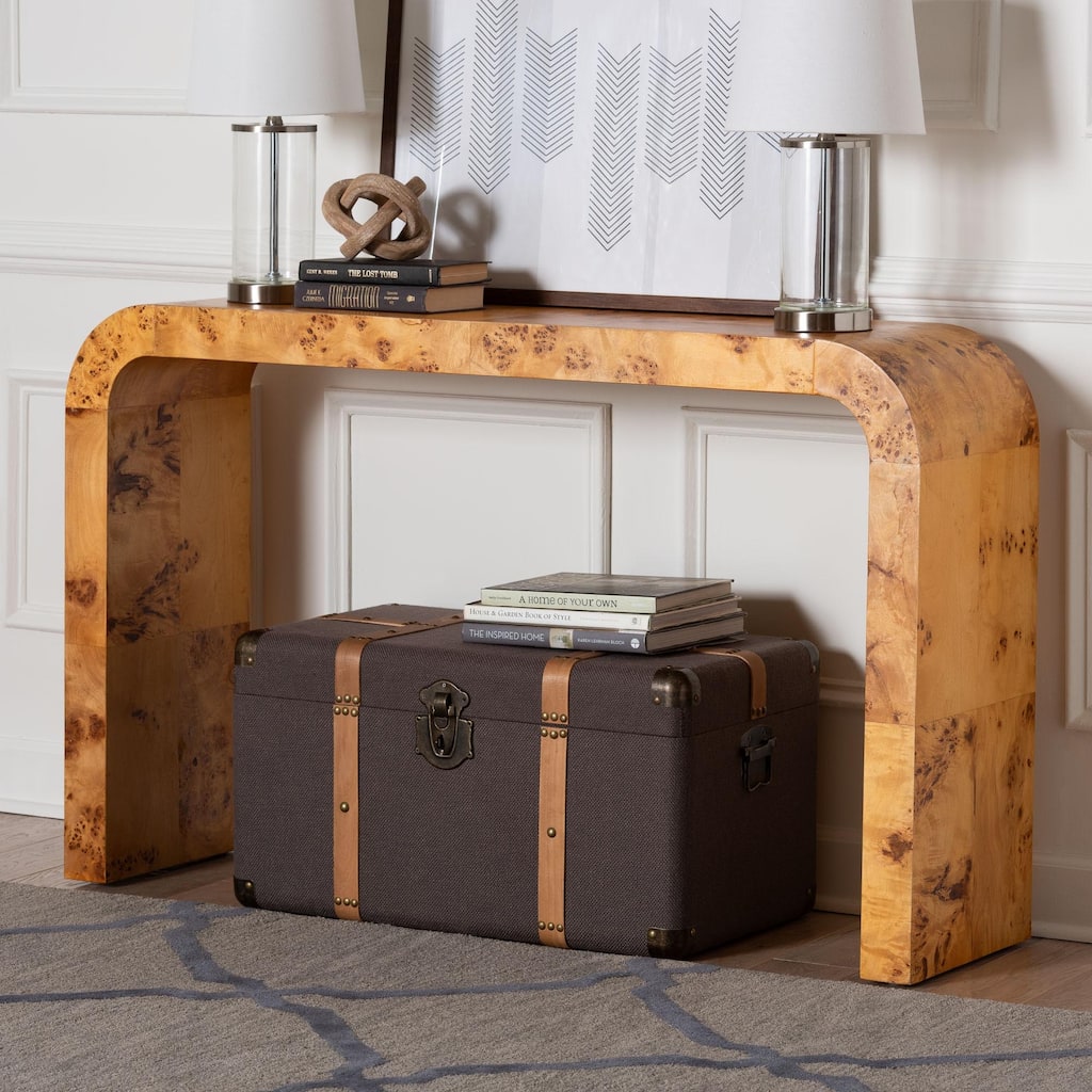 Revelle Real Burl Wood Console Table - Modern Entryway or Sofa Table with Waterfall Design and Minimalist Silhouette