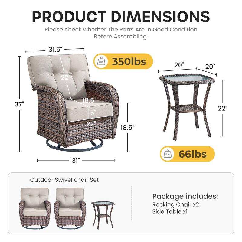 Gymojoy Wide T-Shaped High Back Swivel Glider Chairs Set with Side Table and 5-inch Cusion for Patio & Balcony