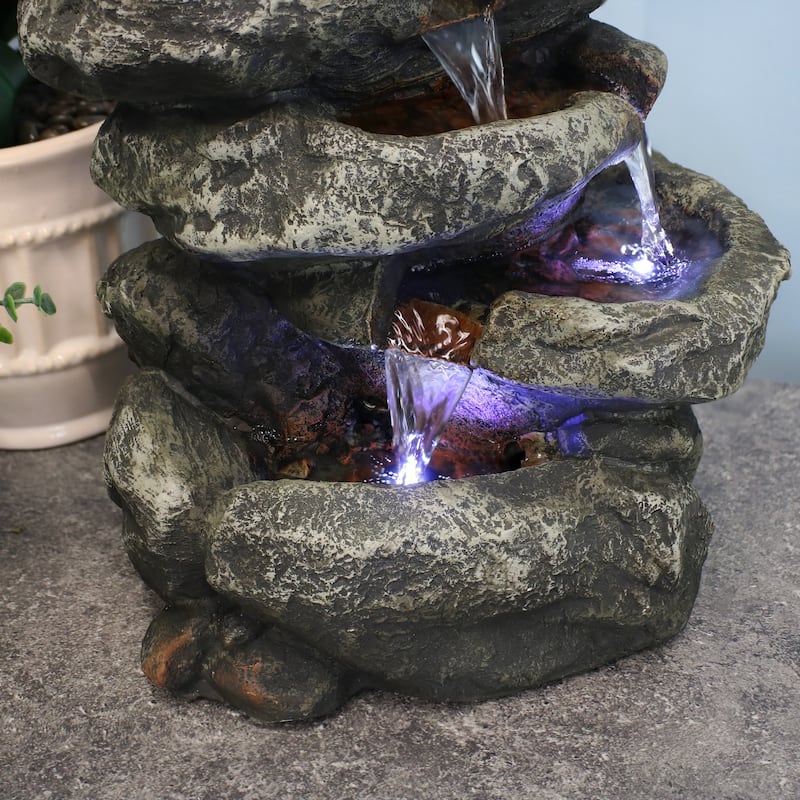 6 Tier Stone Falls Tabletop Indoor Water Fountain Feature w/ LED - 15"