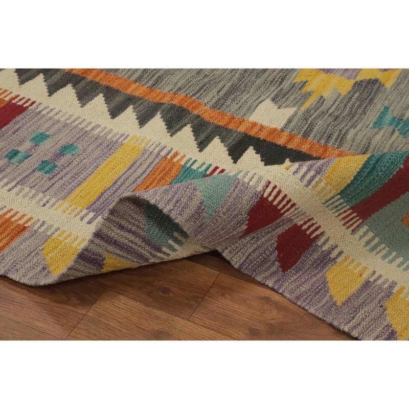 Hand Woven Oriental 100% Wool Carpet Southwestern Tribal Greys & Charcoal Kilim Area Rug - 9' 9'' X 6' 9''