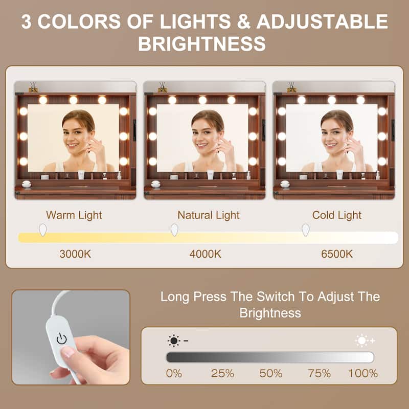 39.3" Farmhouse Makeup Vanity Desk with Mirror and LED Lights, Rustic Vanity Table