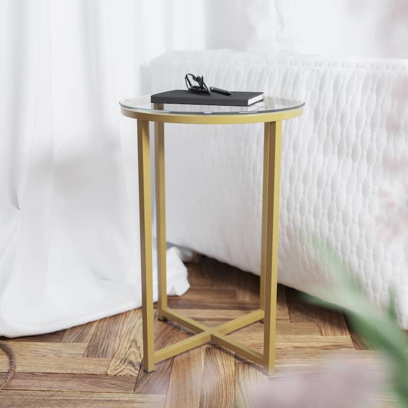 Glass Console Table with Criss Cross Matte Gold Frame - Occasional Table