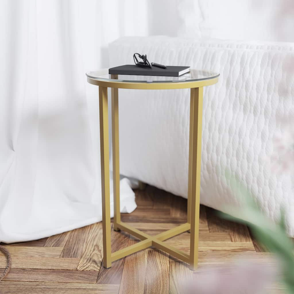 Glass Console Table with Criss Cross Matte Gold Frame - Occasional Table