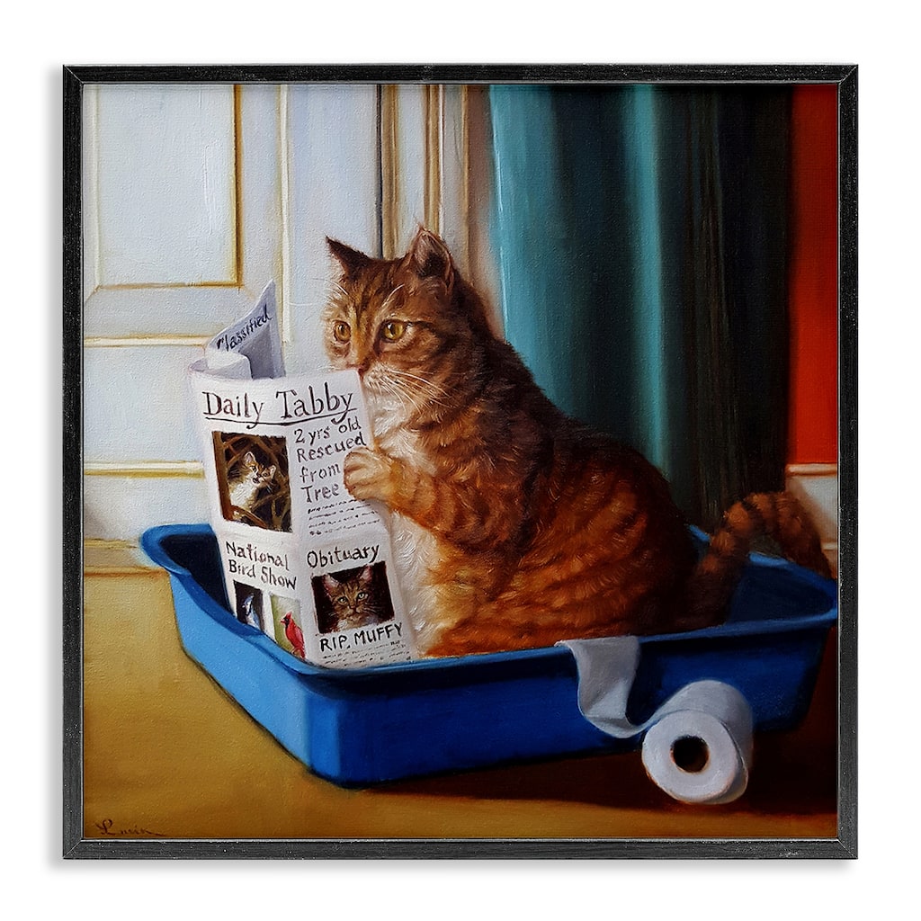 Stupell Litter Box Reading Funny Cat Pet Painting, 12x12, Framed Wall Art, Design by Lucia Heffernan - Multi-Color