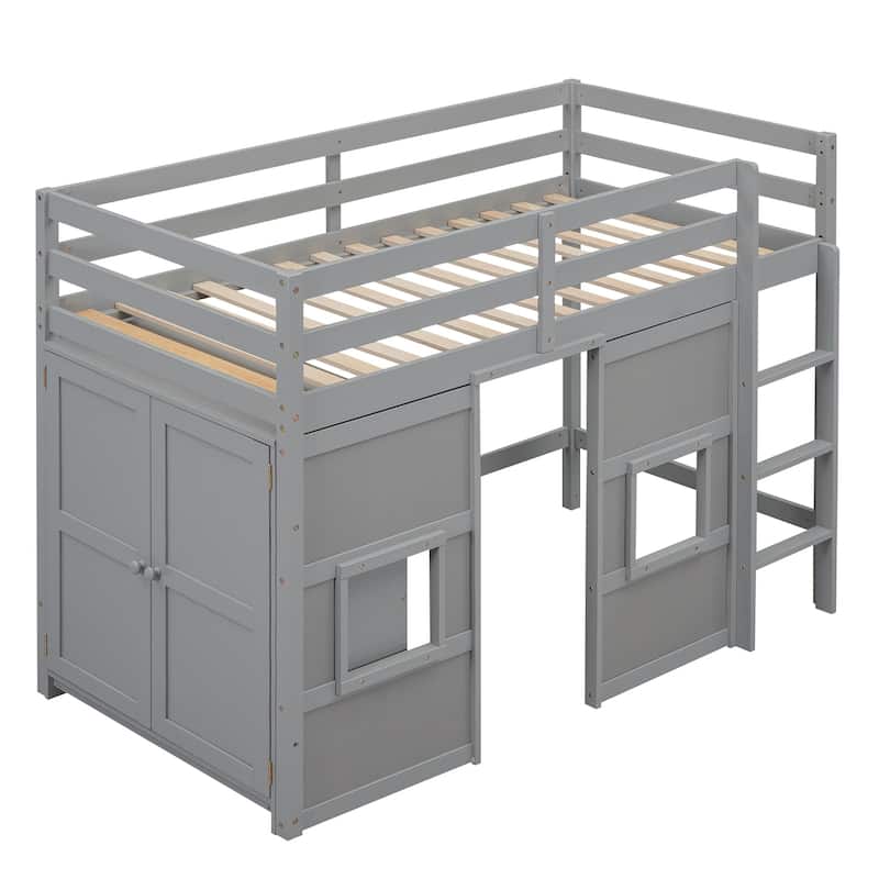 Wood Twin Size Loft Bed with Built-in Storage Wardrobe and 2 Windows w/Full-Length Guardrails, No Boxing Spring Needed