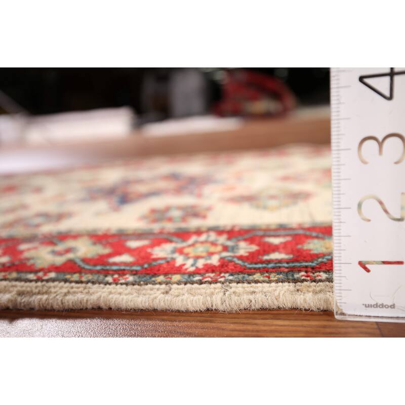 Geometric Kazak Runner Rug Hand-Knotted Beige Wool Carpet - 2'3" x 5'11"