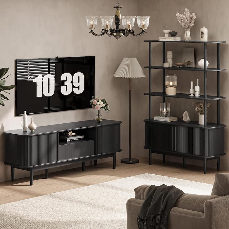 Bookshelf with Sliding Tambour Doors, Mid Century Modern Bookshelf with Storage, Wooden Open Display Shelf