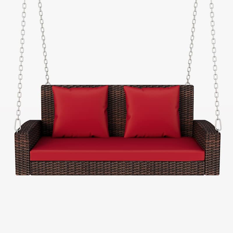 2-Seats Wicker Hanging Porch Swing Chair Outdoor Rattan Patio Swing Lounge w/ Cushion, Wicker Woven Swing Loveseat for Backyard