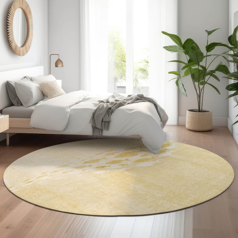 Premium Washable Super Modern Fish Soft Mayfield Rug - Gold - 8' x 8' - Round