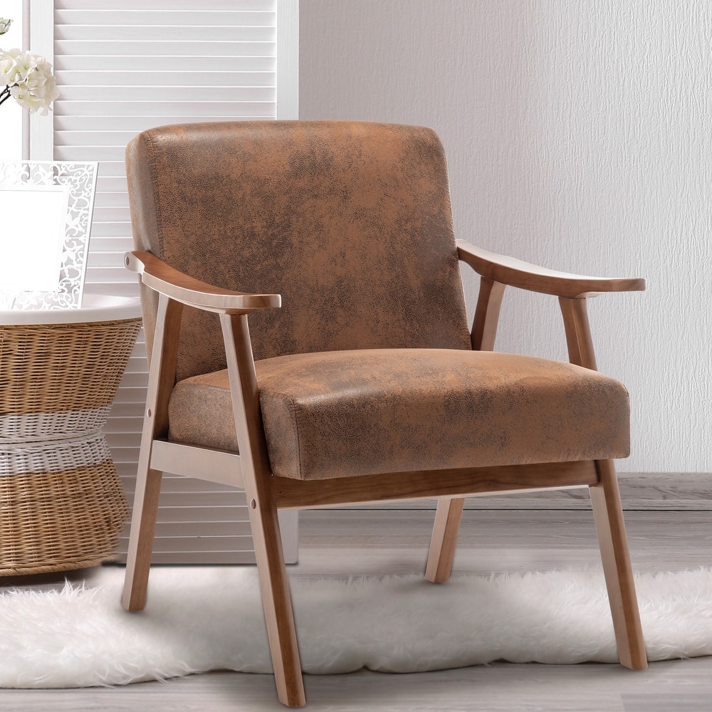 Fabric Upholstered Accent Chair, Extra-Thick Backrest Sofa Chair, Lounge Reading Chair with Curved Armrests & Wood Legs