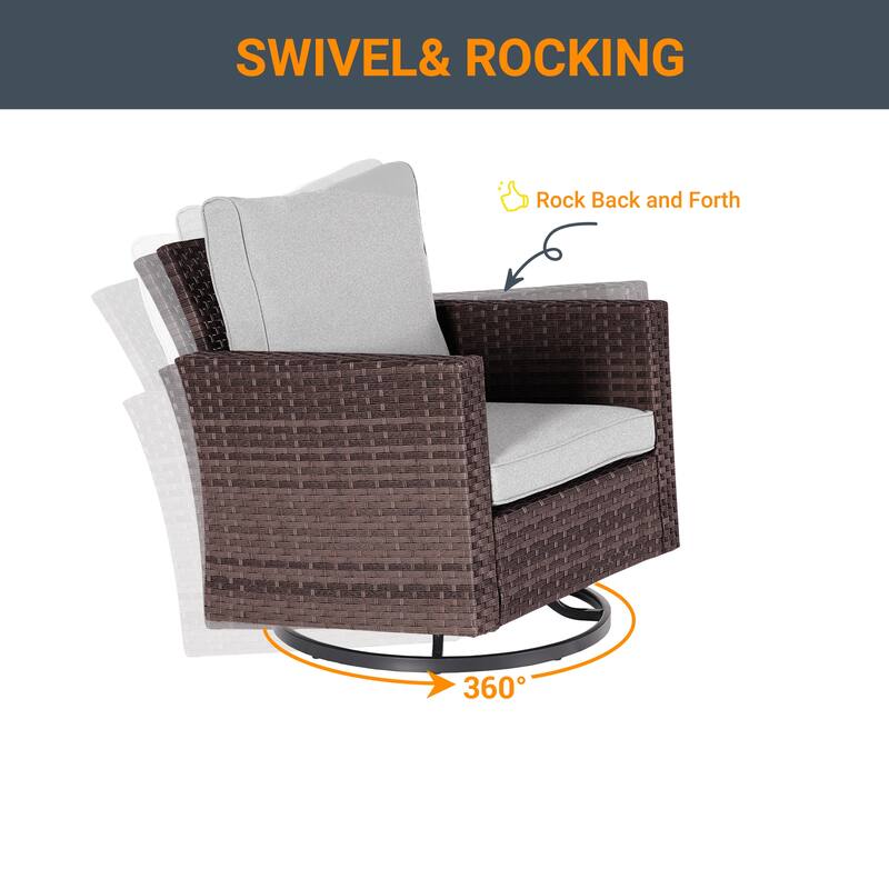 LIVOOSUN 3-Piece Patio Sofa Set Brown Rattan Swivel Rocking Chair Glass Table
