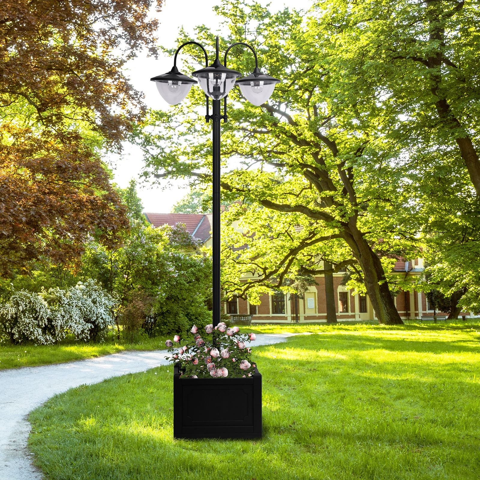 Outsunny 3-head LED Solar Light Lamp Street Light Post with Planter, Solar-powered Lamp Post, Black - 23.5" x 21.75" x 74.5"