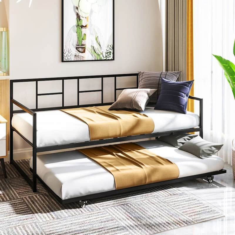 Twin size Black Metal Daybed Frame with Roll Out Trundle Bed Frame - Multi - Multi