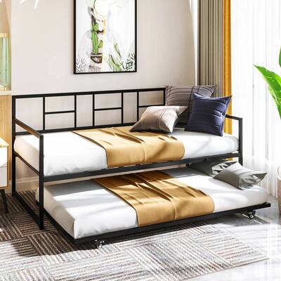 Twin size Black Metal Daybed Frame with Roll Out Trundle Bed Frame - Multi