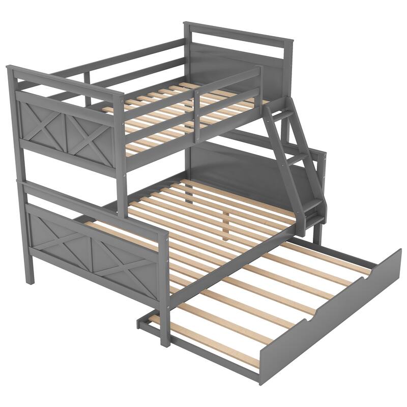 Twin over Full Bunk Bed with Ladder, Twin Size Trundle, Safety Guardrail, White and Grey