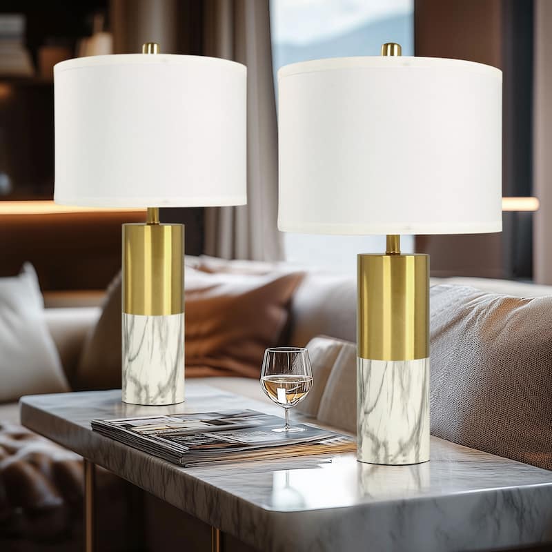 Marble Metal Table Lamp With Linen Shade Set of 2