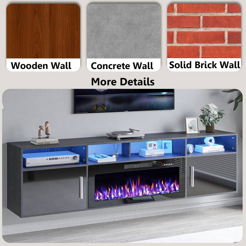 BOSSIN 80" Floating TV Stand with 36" Electric Fireplace, High Gloss Finish Wall Mounted Fireplace TV Stand with Storage