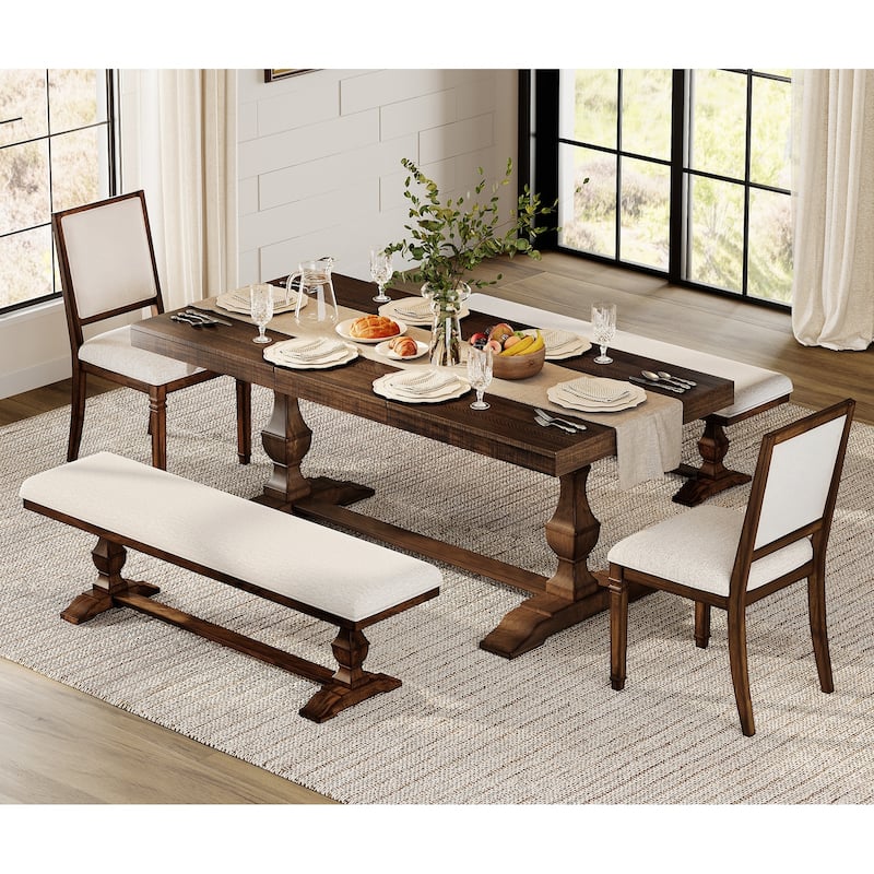 5-pieces Farmhouse Dining Table for 6, 74.8" Kitchen Table Set with 2 Benches and 2 Chairs, Solid Wood Legs and Cushion Seat - Espresso Brown