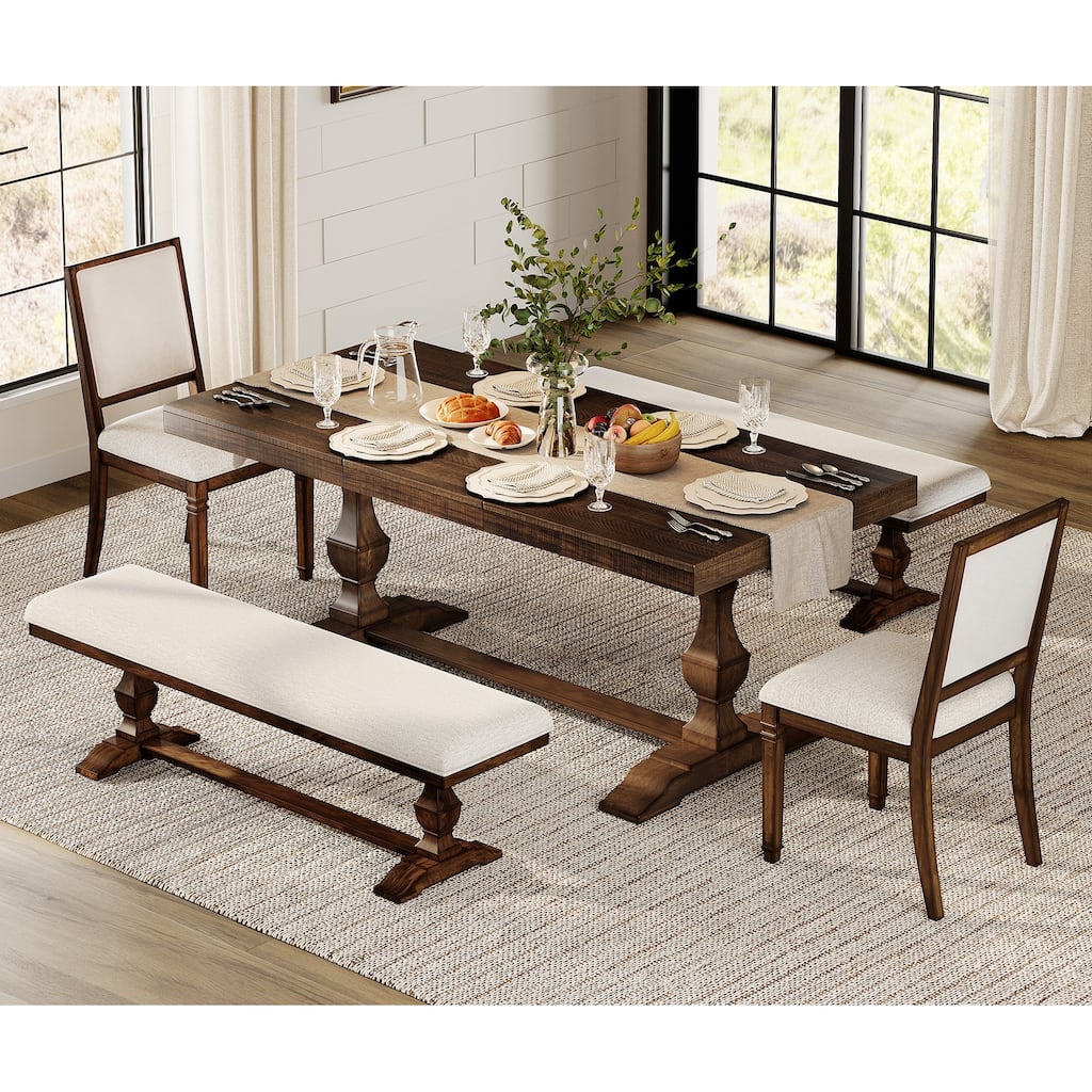 5-pieces Farmhouse Dining Table for 6, 74.8" Kitchen Table Set with 2 Benches and 2 Chairs, Solid Wood Legs and Cushion Seat