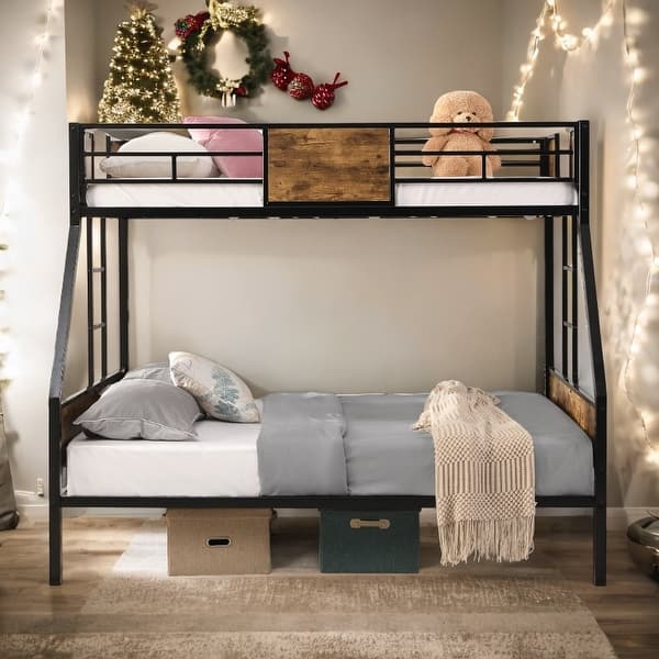 slide 2 of 8, Twin Over FULL Metal Bunk Bed with Trundle 2-Side Ladder and Full-Length Guardrail-Black+Brown