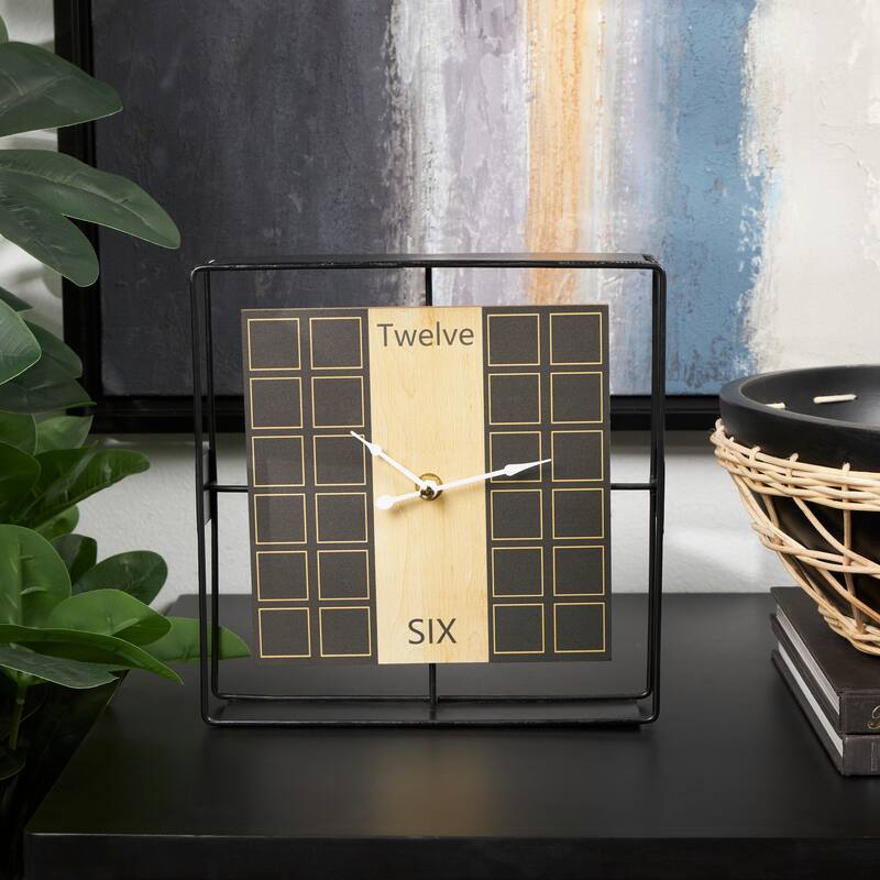 Black Wooden Open Frame Square Geometric Decorative Clock with Grid Pattern - Black