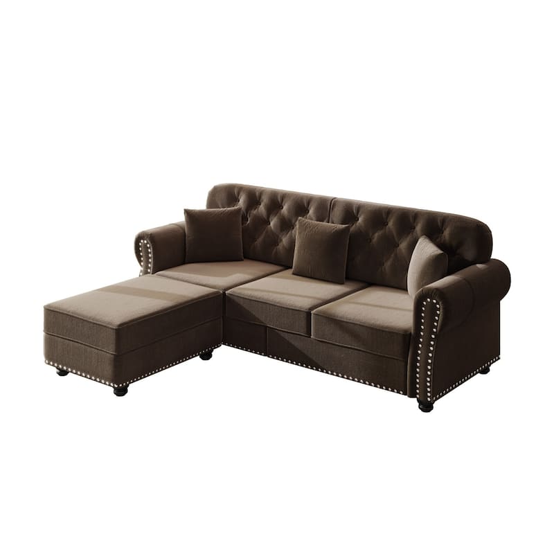 82.6" Velvet Sofa with Button Tufted, 3 Pillows and 1 Ottoman