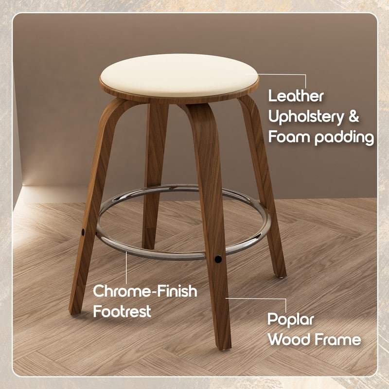 Pelya Modern Round Leather Upholstered Swivel Counter Stool with Wood Legs and Chrome Footrest for Kitchen or Bar (Set of 2)