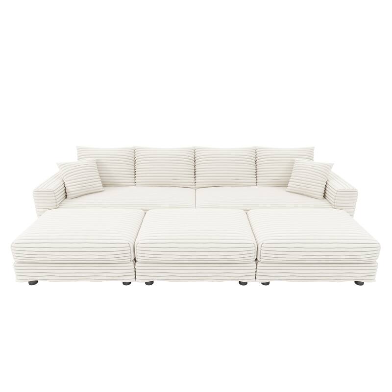 Modern Corduroy Upholstered Sectional Sofa for Living Room, Square Armrest Couch with 3 Ottomans, Convertible Lounge Chair