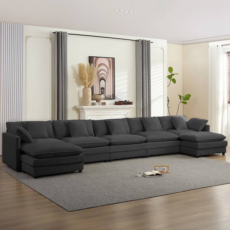 Mixoy 183''U-Shaped Chenille Modular Sectional Sofa,7-Seater Cloud Sleeper Deep Seat Couch with Ottoman and Thickened Cushions - DARK GREY - Symmetrical